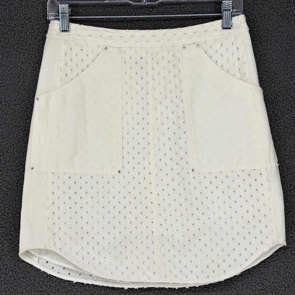 Rebecca Taylor White Eyelet Denim Mini Skirt Cotton Rivet Pocket Size 0